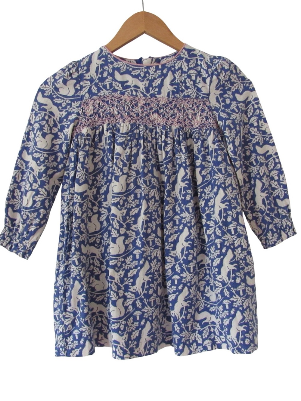 Mini Boden Girls 6-7Y Bess Cosy Smocked Dress Blue White Woodland Squirrel Print